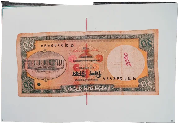 Book spread: a worn Bangladeshi 10-taka note across the red-stitched gutter